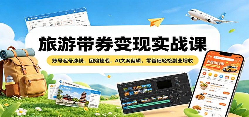 旅游带券变现实战课：账号起号涨粉，团购挂载，AI文案剪辑，零基础轻松副业增收-软件天堂-专注分享