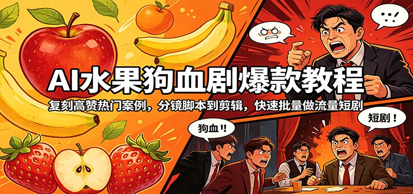 AI水果狗血剧爆款教程：复刻高赞热门案例，分镜脚本到剪辑，快速批量做流量短剧-软件天堂-专注分享