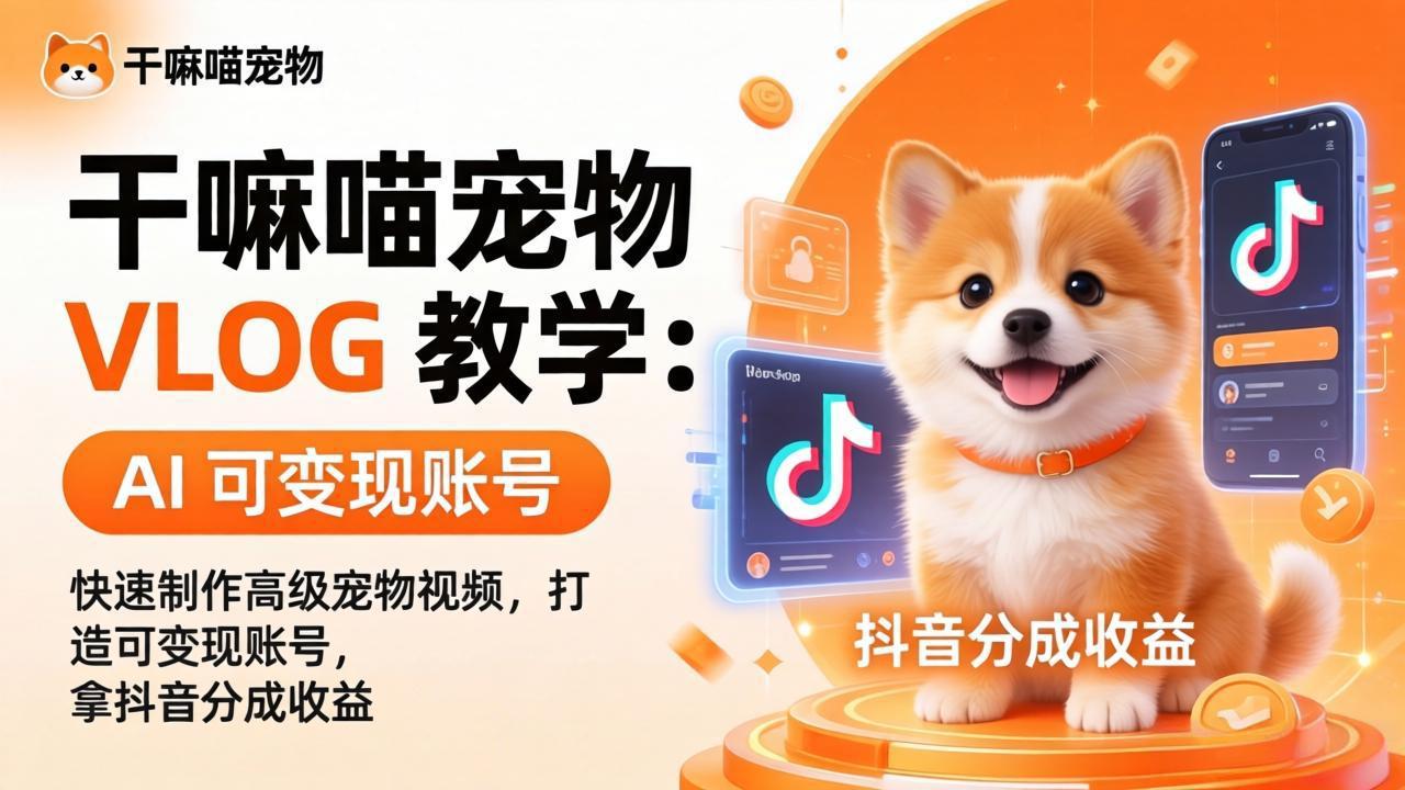 干嘛喵宠物 VLOG 教学：AI 快速制作高级宠物视频，打造可变现账号，拿抖音分成收益-软件天堂-专注分享